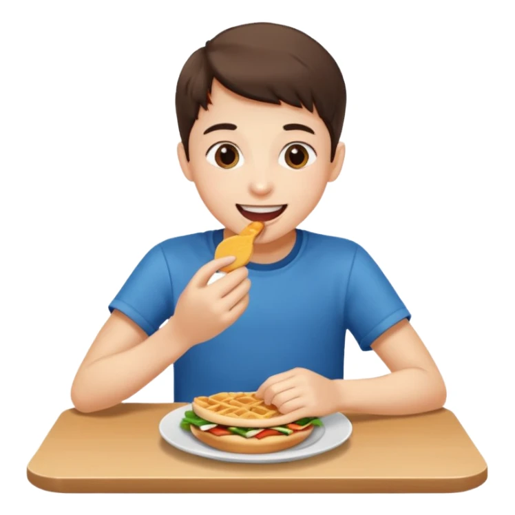 middle school student taking a bite of food, sitting at a table, cheerful sticker