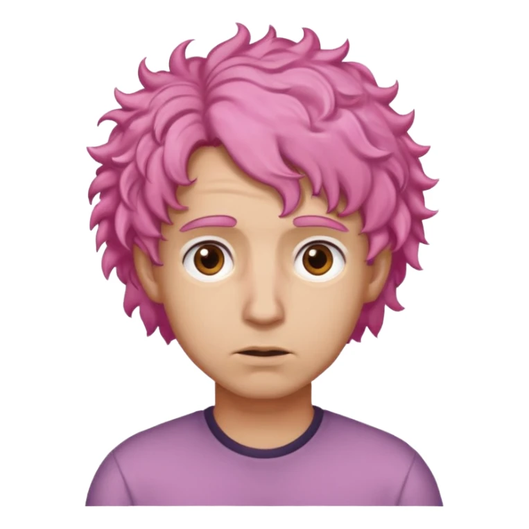 A light-skinned man with moderately curly pink hair, brown eyes and a slightly uneasy expression. sticker