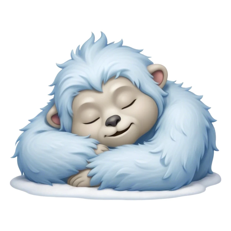 Meme-Worthy Cute Sleeping Yeti Portrait Emoji, with a charming, fluffy, snow-dusted figure in gentle whites and cool blues, head resting in blissful, serene slumber with closed, peaceful eyes and a small, contented smile, simplified yet irresistibly adorable, highly detailed with a soft frosty outline that captures the tender drowsiness of a yeti drifting into snowy dreams! sticker