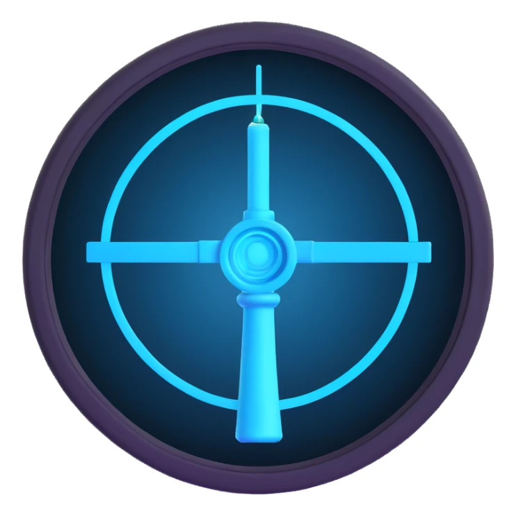 minimal emoji icon for crypto bot, round badge, rising candlestick chart in neon cyan electric blue, subtle sniper scope elements, dark background, futuristic clean cyberpunk AI inspired, no text sticker