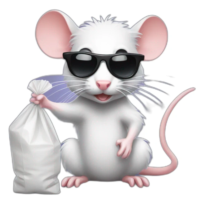 badass rat wearing sunglasses holding a small plastic bag of powdered sugar sticker