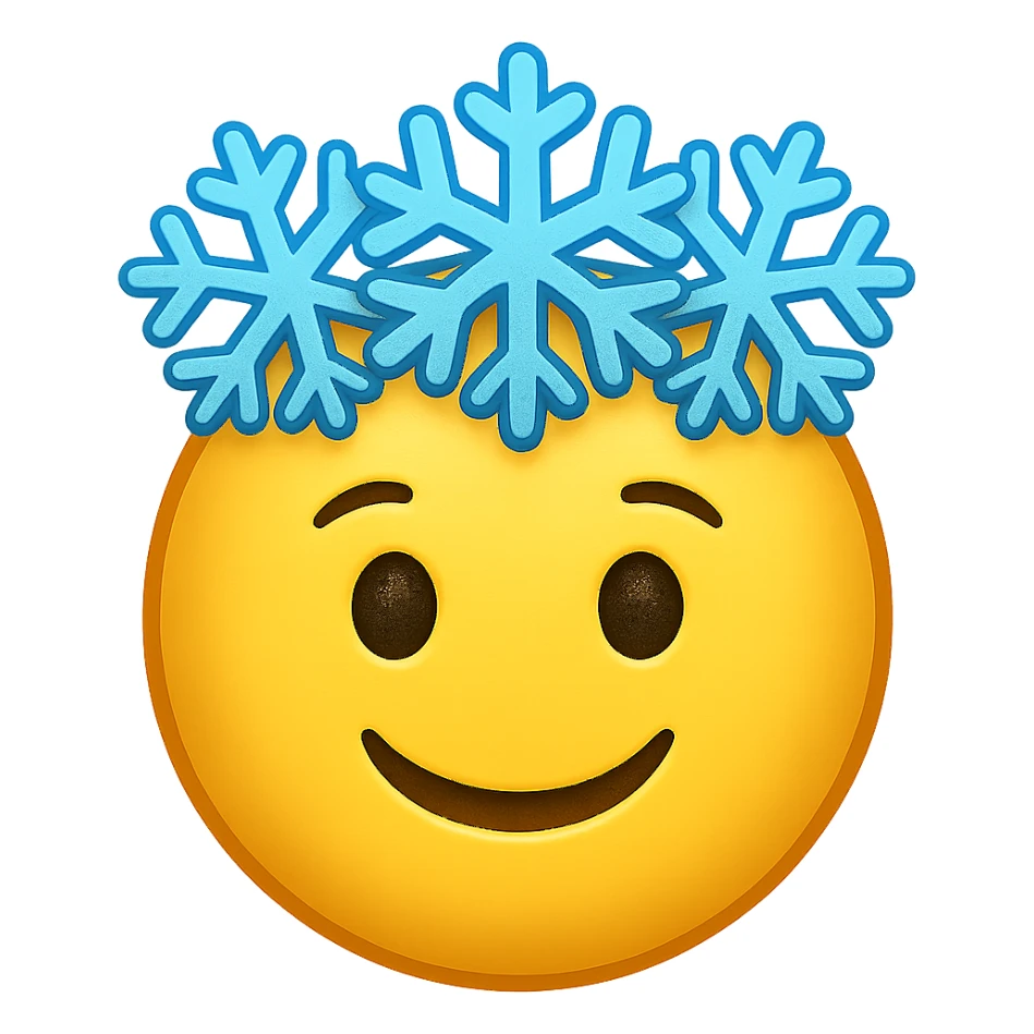 yellow face with blue snowflake crown, digital illustration, emoji style, no background sticker