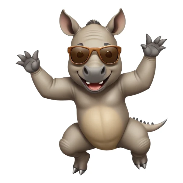 friendly anthropomorphised rhino jumping with excitement, wearing dark sunglasses, standard pose sticker