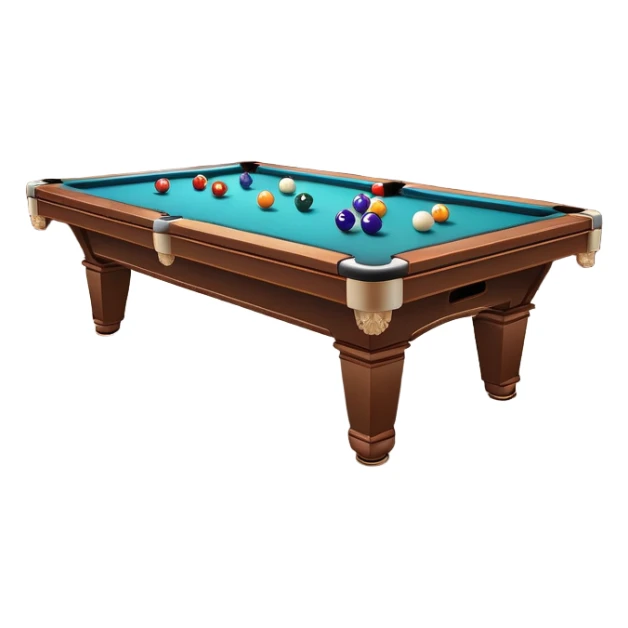 A well-arranged pool table with colorful billiard balls neatly placed, and a cue stick poised to take a shot. The setting is a dimly lit room with a focused atmosphere, highlighting the precision and strategy involved in the game of billiards. sticker