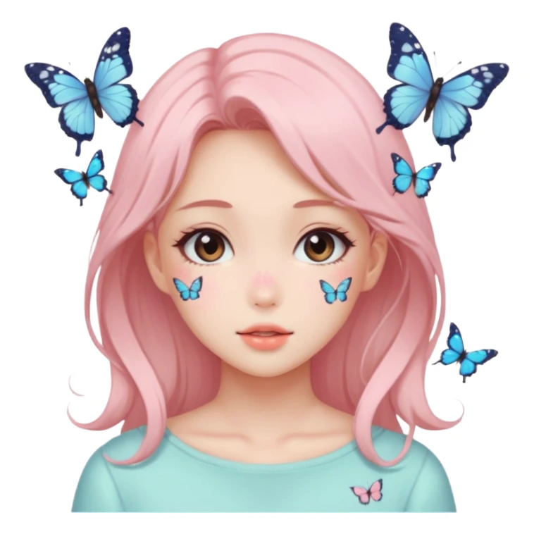 Gorgeous pastel anime style lady with blushing face and butterflies aesthetic trending style sticker