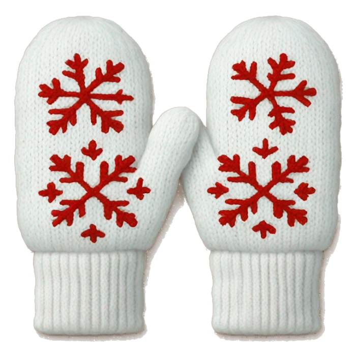 A pair of cozy knitted white mittens with a snowflake design sticker