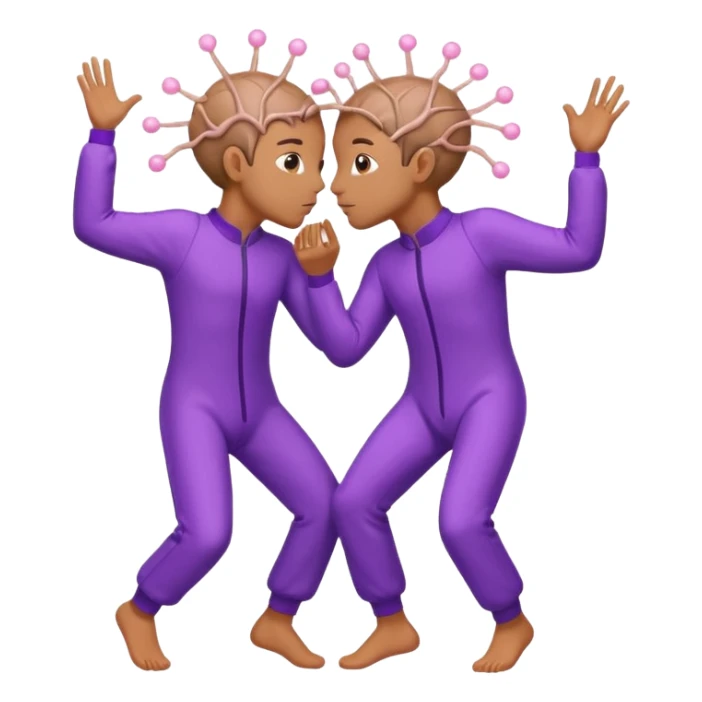 Last two brain cells dancing looking weird and kissing. not iphone emoji style. they wear purple jumpsuits sticker