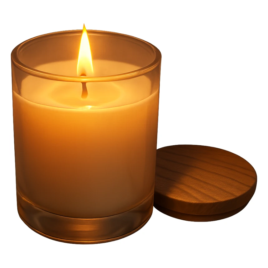 cozy scented candle with a wooden lid, warm and inviting sticker