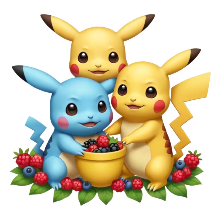 Two Pokémon are playing in a field. Pikachu has many berries, but Squirtle has none. Pikachu sees this is unfair, so he shares the berries with Squirtle. They smile and eat together. Show this as a cute Pokémon emoji scene about justice and fairness. sticker