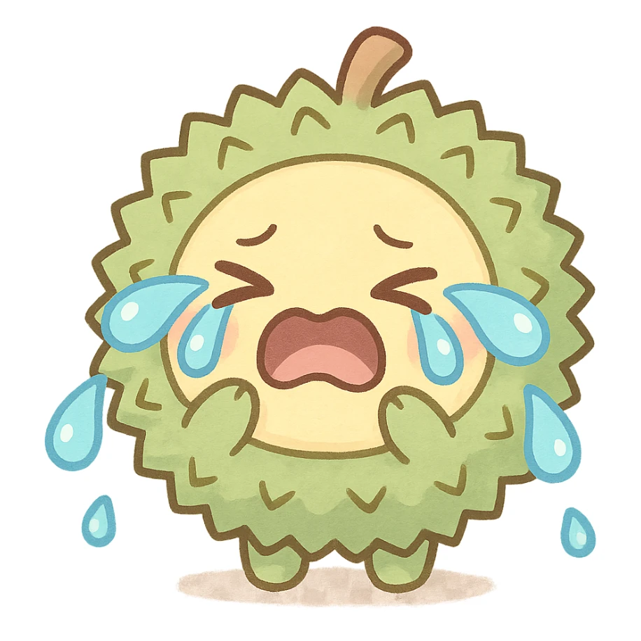cute chibi soft fluffy durian character, round, green spiky shell, yellow flesh, crying dramatically, big teardrops, pastel, full-body sticker