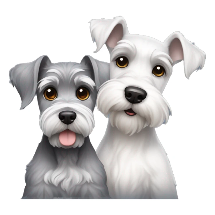 A big gray schnauzer with dark eyes next to a small all white puppy schnauzer sticker
