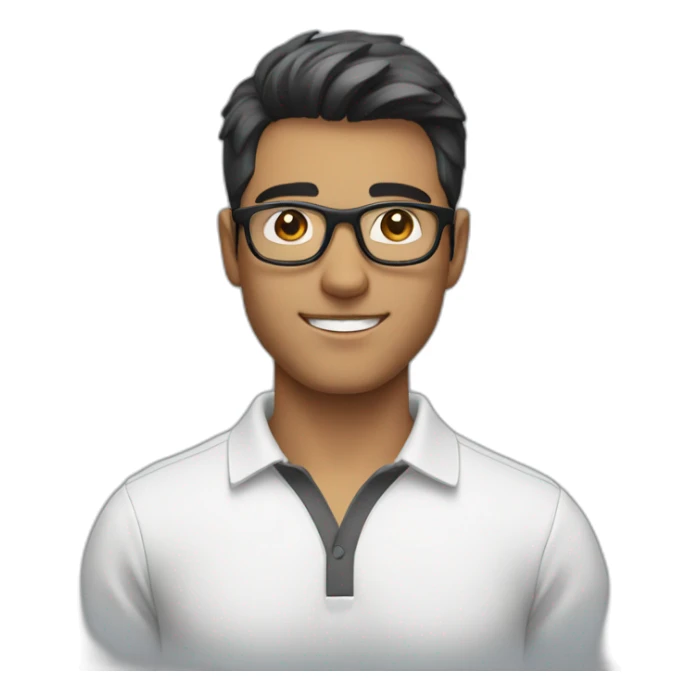 young guy with a white polo and black hairs and grey glasses sticker