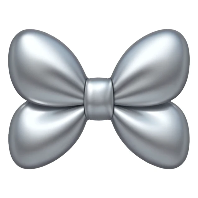 A cute bow emoji made of polished silver chrome, smooth rounded loops, glossy metallic surface, soft mirror reflections, subtle highlights, minimal and adorable proportions, iOS emoji style, centered composition, clean white background, soft studio lighting, no text, no outline, ultra high quality sticker