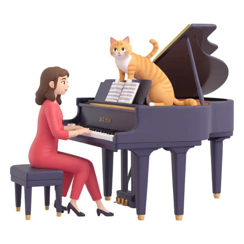 woman playing piano while her cat sits on top of the piano sticker