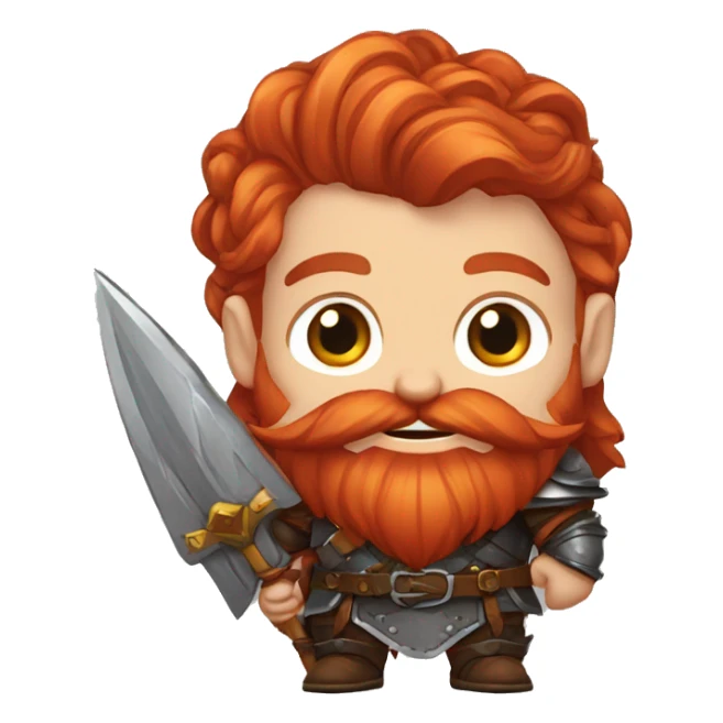 text for a sticker picture generator with a red-haired dwarf in his hands who has a bow with a braided mustache, dressed in leather armor, with a red beard, with red hair, in a fantasy style sticker