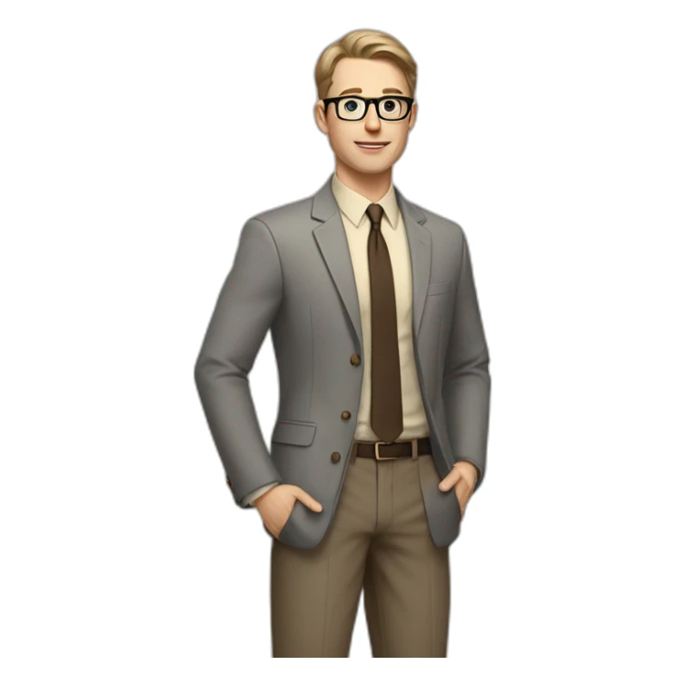 Full height Actively Gesturing Pale skinned fit man with dark brown hair in gray jacket, beige office shirt, brown tie, brown pants and vintage glasses. sticker