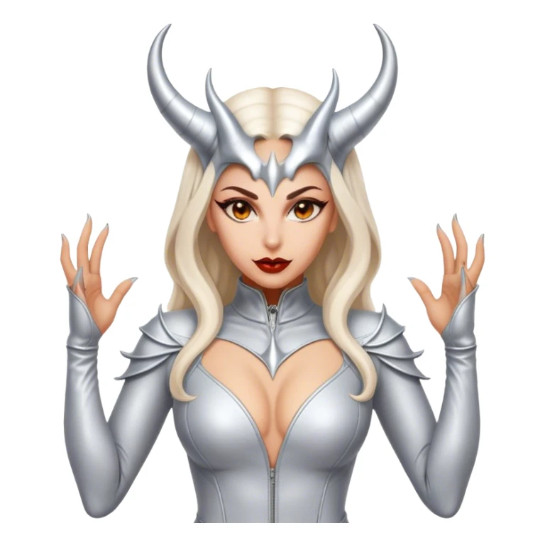 visually stunning image of an extremely detailed devil woman in a skin tight suit of light colored leather and intricate silver devil horns sticker