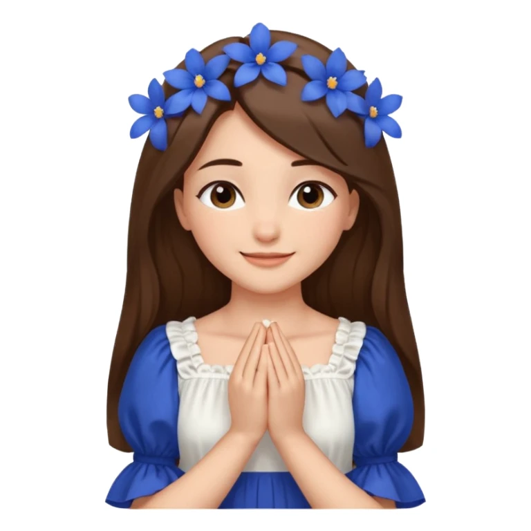 Generate a girl with her eyes closed and smiling and Boht her hands under the chin, palms facing upwards. She should be wearing a white dress with cobalt blue flowers on the dress and puffed sleeves. She has ling straight hair. Only her face and chest is visible. sticker