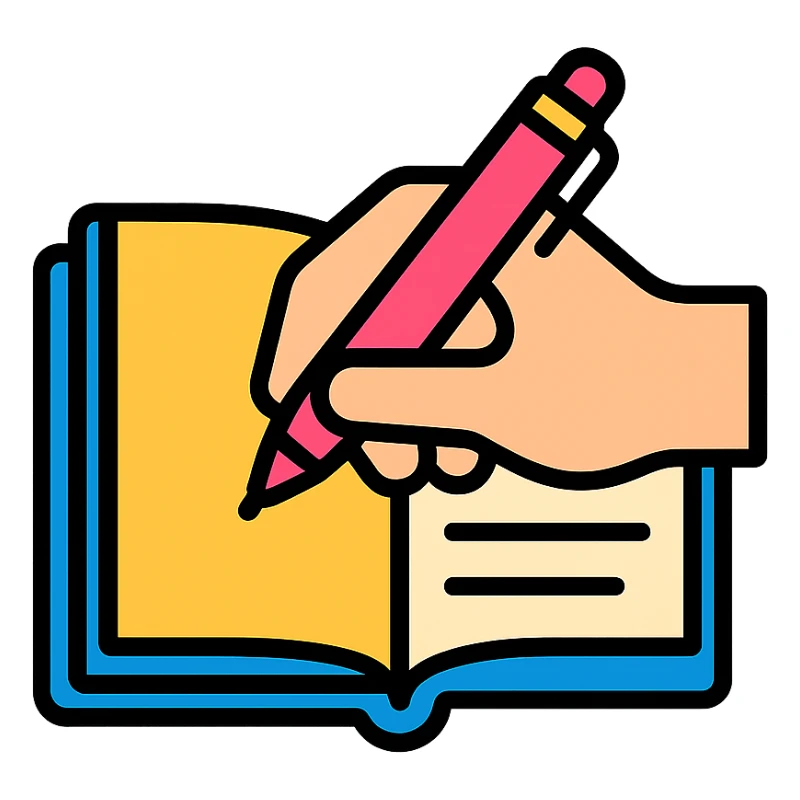 a hand writing with a pink pen in a notebook, color outline icon style sticker