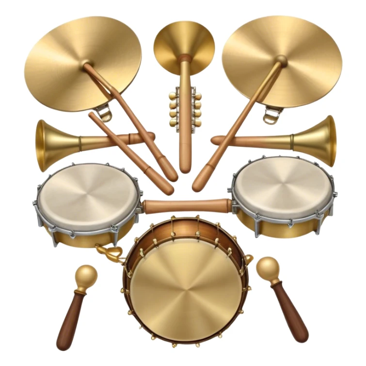 Create a heraldic, festive, and professional emblem-like emoji representing percussion instruments. The design should resemble a traditional crest, featuring a range of percussion instruments like cymbals, triangle, tambourine, maracas, timpani, and other traditional and folk percussion instruments. Arrange them symmetrically, with elements like cymbals crossing each other, a triangle at the center, and timpani or drums flanking the sides. The instruments should be depicted with metallic and wooden tones—shiny brass for cymbals, silver for the triangle, and rich wood or polished bronze for drums. Include ornate details like engraved patterns on the instruments, decorative swirls or laurels, and subtle accents to add elegance and festivity to the composition. The overall design should be cohesive, balanced, and visually striking, suitable for use as a prestigious emblem. The background should be transparent. sticker