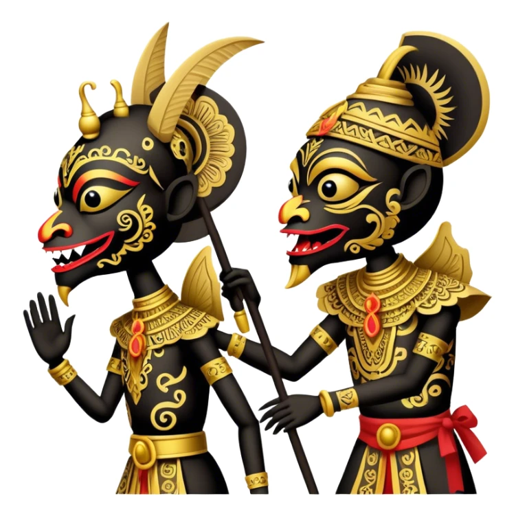 Wayang – Cinematic Realistic Wayang, depicted as intricately carved traditional Indonesian shadow puppets with expressive features and vibrant cultural motifs, set against a dark, dramatic backdrop with subtle glowing highlights that evoke the mystical art of shadow play. sticker