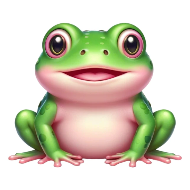 A cute, round green frog with big shiny eyes, pink blushing cheeks, and a small, happy smile. The frog has a soft, cartoonish style with pastel colors and a cozy, friendly appearance sticker