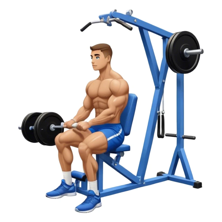 side-view bodybuilder in blue shorts seated weighted calf-raise machine on his tip toes sticker