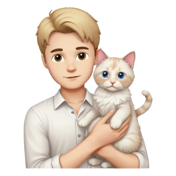 A young handsome Caucasian man in a white shirt holding a ragdoll cat sticker