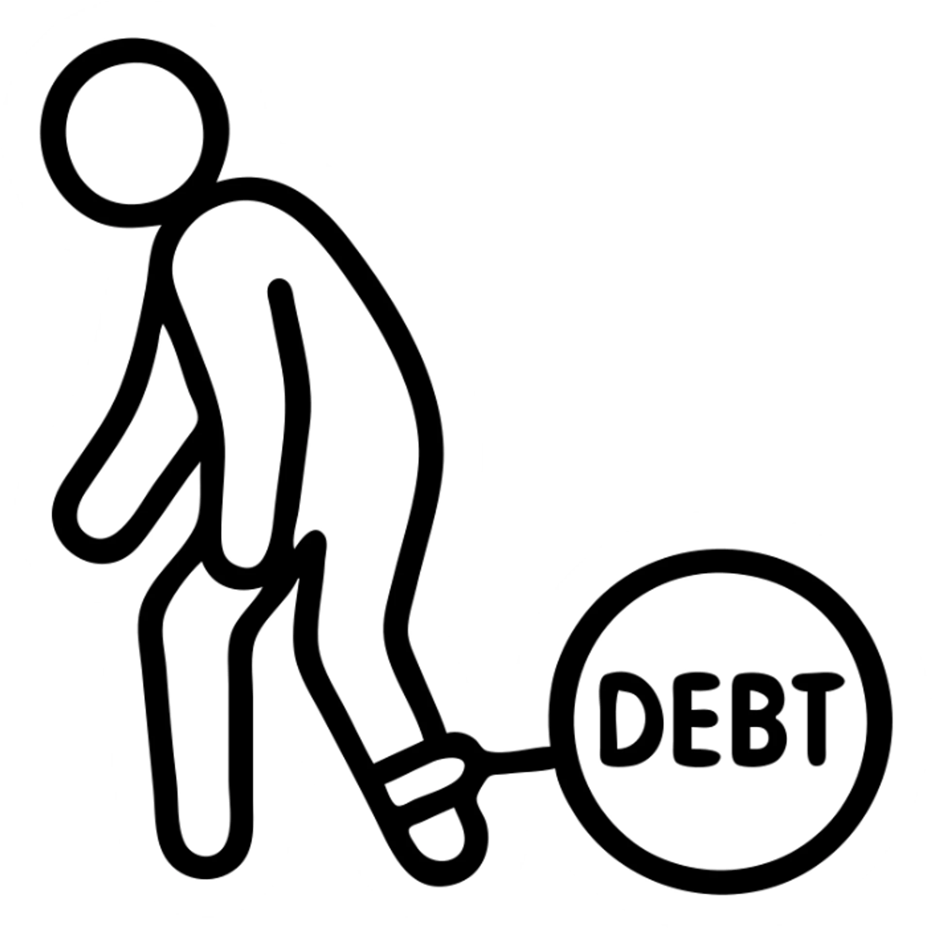 debt emoji icon showing a person weighed down by a ball and chain labeled 'debt', simple and expressive sticker