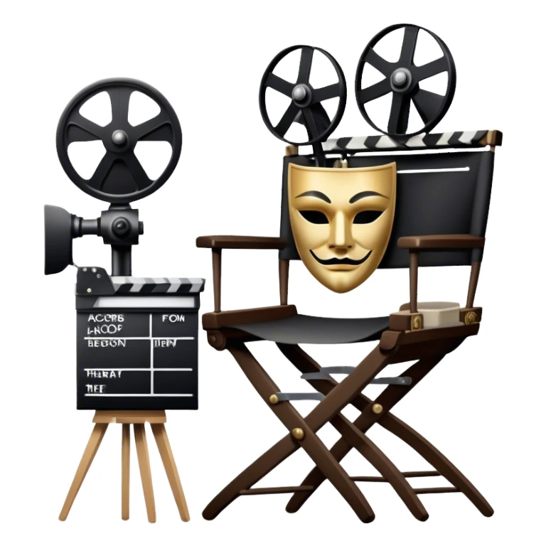 Icon for Acting: a theatrical mask, stage lights, a director’s chair, a script, a movie camera and a clapperboard, representing the craft of acting in theater and film. Famous actor-star. The design should reflect creativity, performance, and storytelling. Transparent background. sticker