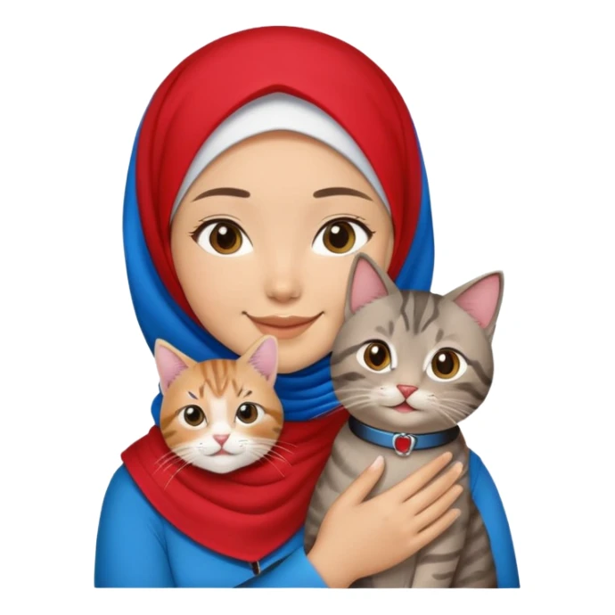 Asian White girl wearing red hijab holding a black grey tabby cat while smiling. The cat is wearing blue collar sticker