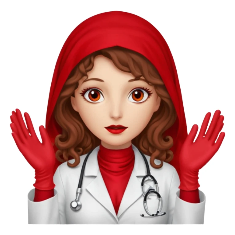 Lilith scalpel in hand, evil surgeon sexy surgeon clothes.  She has red eyes. She brown long curly hair. Wears sexy doctor outfit with red gloves. Wears red burka to hide her mouth and nose sticker