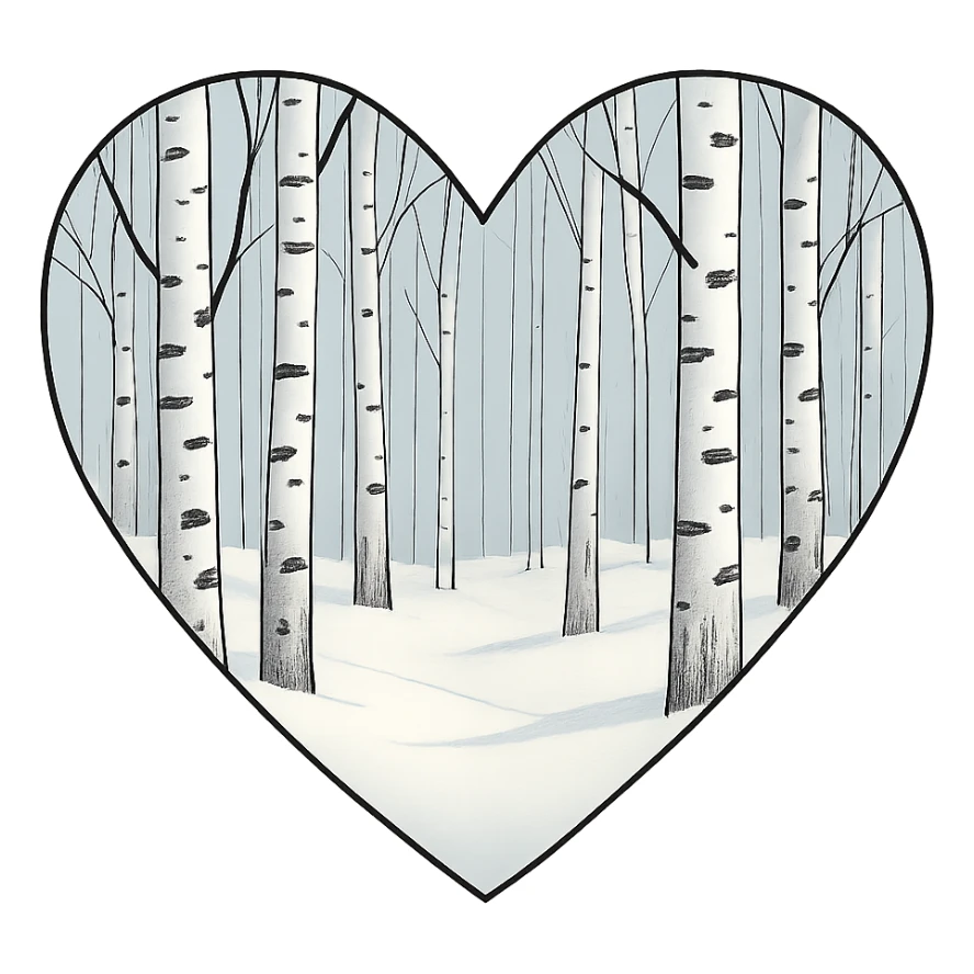 heart with a snowy birch forest, clean digital illustration sticker