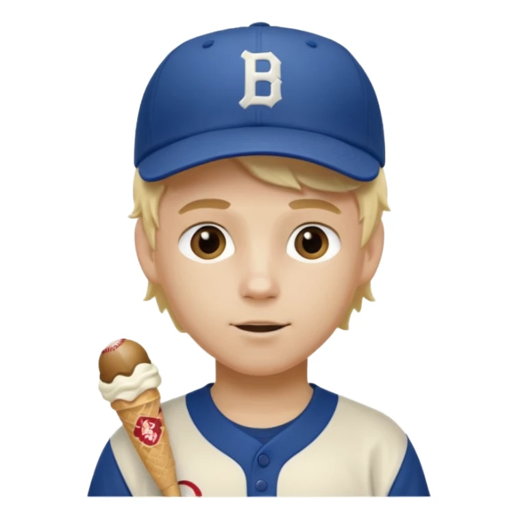Make a white boy with blond ice cream hair and visors in a baseball jersey and a baseball hat sticker