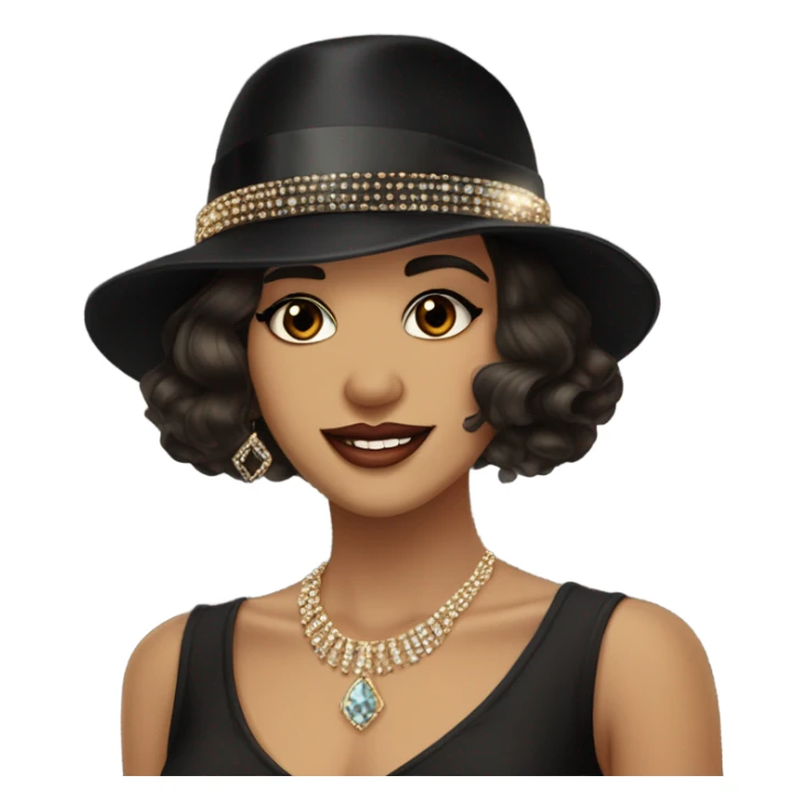 Flapper feminine brown eyes black hat jeweled flapper style  hat earrings wavy dark hair smirk sticker