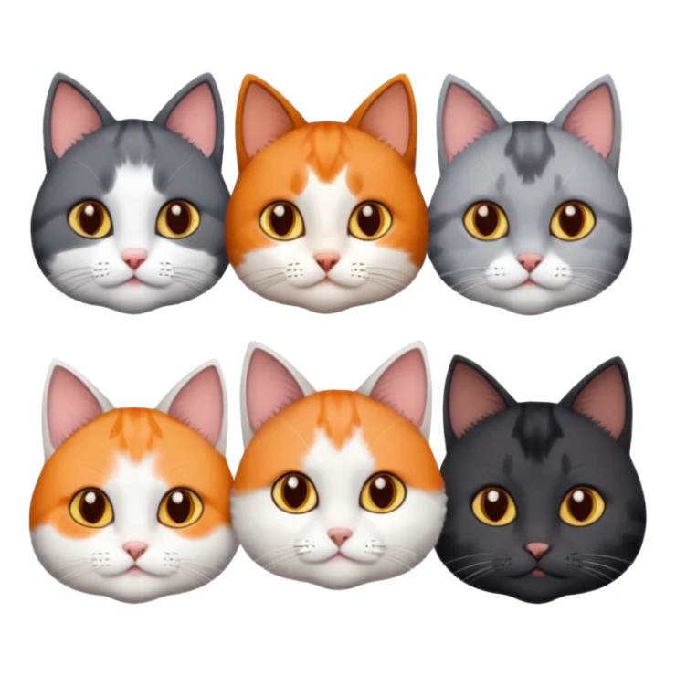 5 different coloured short haired cats including; a dark brown and white cat, and a dark grey and white, and a calico sticker
