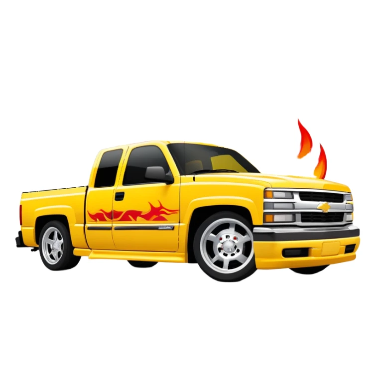Yellow 1997 Chevrolet Silverado Crew Cab with prominent red flame graphics on the hood and front fenders, 30-degree angle, iconic Kill Bill truck, iOS emoji style sticker
