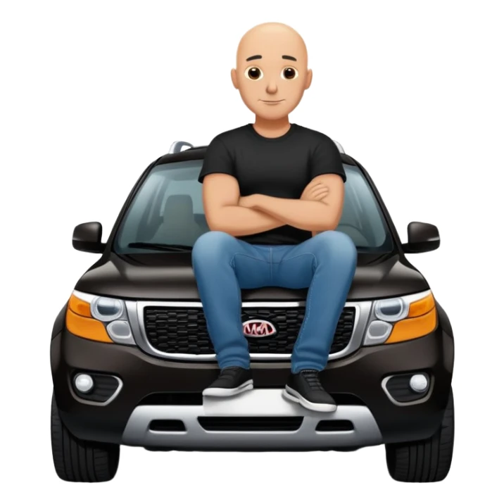 bald man sitting on top of a Kia Mohave SUV sticker