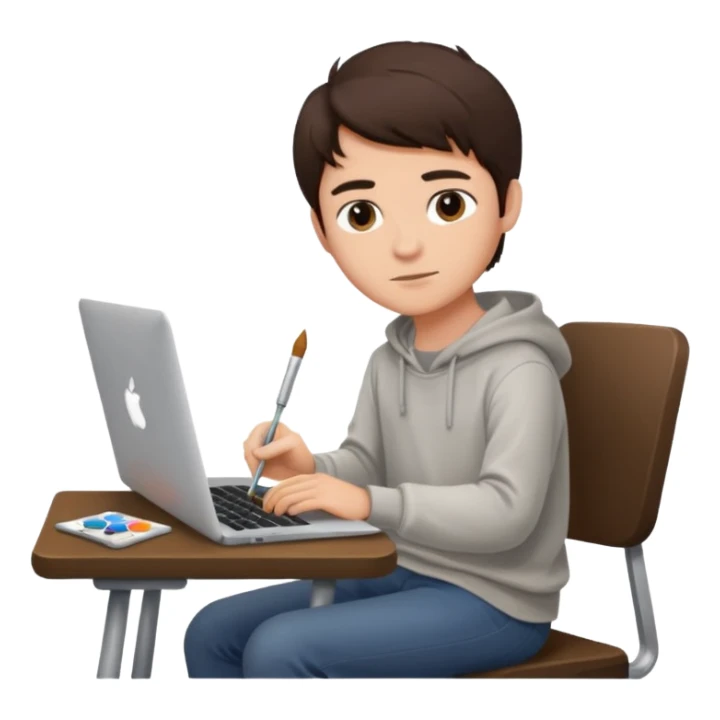 boy working in Macbook, he is graphic designer and paint artist, he seat front side and hair dark brown color sticker
