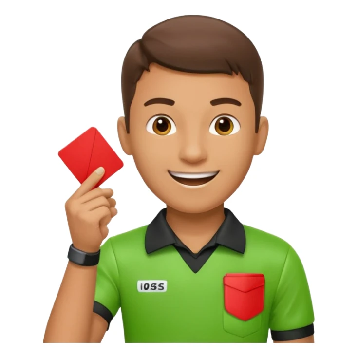 Young Referee – Energetic Style
 Wearing bright green shirt, smiling slightly, holding red card high with whistle around neck. sticker