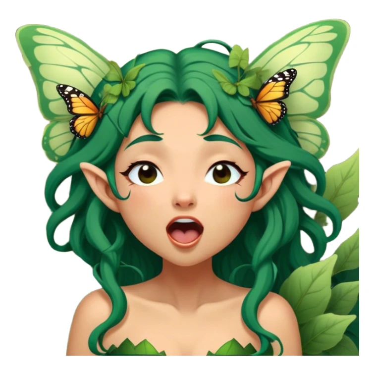 Cinematic Realistic Forest Fairy Portrait, head tilted slightly with a dramatic, wide-open yawn, revealing a tender, relaxed visage with finely detailed tanned skin and flowing, vine-adorned dark green hair gently framing her face. Her sleepy eyes exude a serene, dreamlike quality as soft natural sunlight filters through the canopy, showing her large butterfly wings from her back capturing the essence of a drowsy yet captivating forest drifting into peaceful slumber. sticker