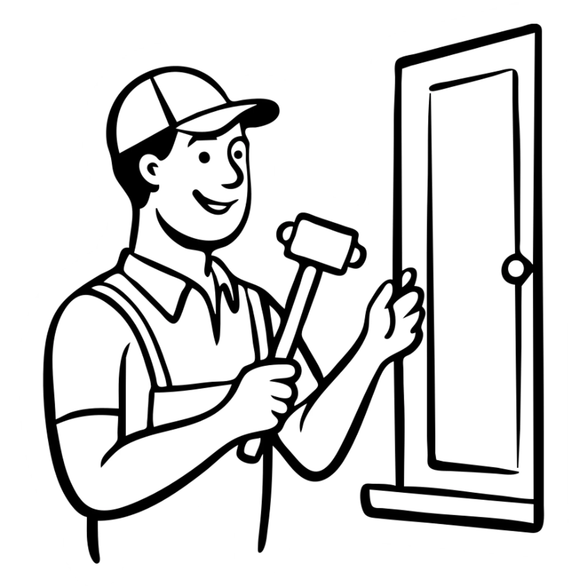 Window repair craftsman smiling while holding a small rubber mallet in his hand, looking at window he's fixing sticker