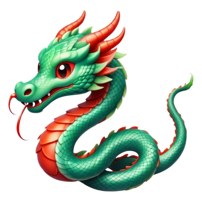 Cinematic Cute Chinese Serpent Dragon Portrait Emoji, Head tilted playfully and inquisitively, showcasing a slender, flowing body with vibrant jade scales and soft vermilion accents intertwined with whimsical wisps of cloud and water details; rendered with realistic finesse and warm natural light, high shine, charming and spirited, styled with a touch of mythic whimsy, soft glowing outline, capturing the essence of a mischievous yet endearing celestial dragon poised to weave magic into your dreams! sticker