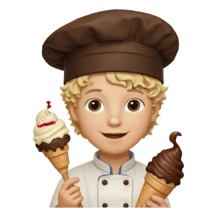 boy blonde curly hair, chef, eating chocolate ice cream sticker