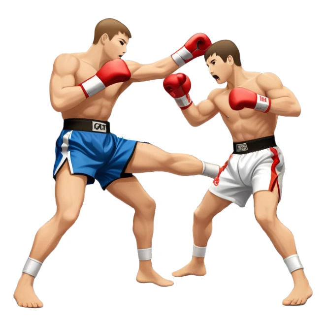 An icon symbolizing kickboxing, featuring two fighters in the midst of an intense match. One throws a powerful roundhouse kick, while the other counters with a punch. The background shows a ring, with ropes and a cheering crowd. Transparent background highlights the action and strength sticker