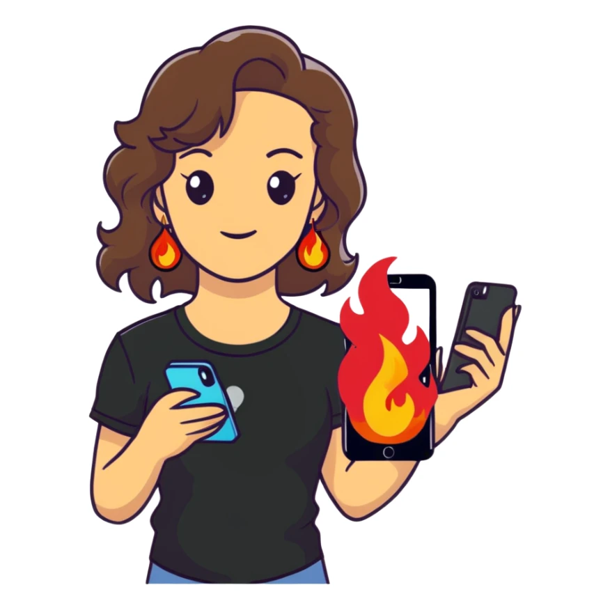 brunette girl with wavy medium length hair, brown eyes, light/medium skin tone, holding iPhone and light phone, wearing black tee shirt with flames on it and colorful beaded charm necklace sticker