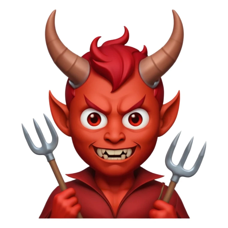 3D Memoji style male devil, red skin, horns, pitchfork, scary expression, soft lighting, solid background. sticker