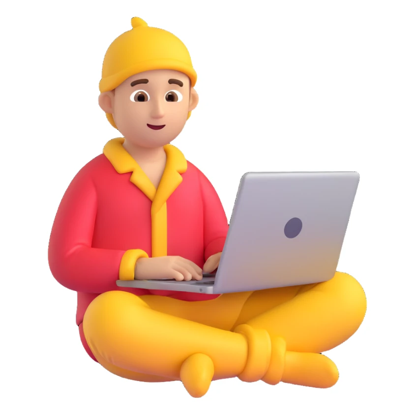 man with pajamas sitting and working on a laptop, emoji style sticker