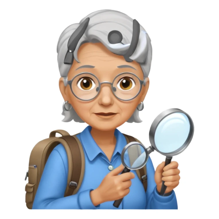 Explorer old woman with magnifying glass and backpack sticker