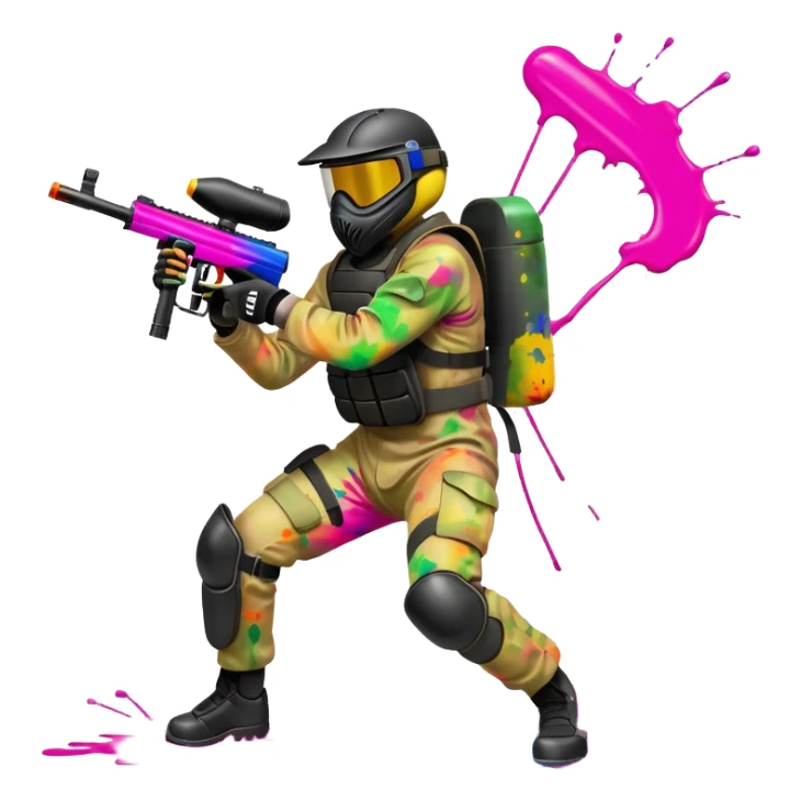 A dynamic scene of a player in action, holding a paintball gun and wearing protective gear. The background shows a vibrant paintball field with obstacles, colorful splatters of paint in the air, and an intense, competitive atmosphere. sticker